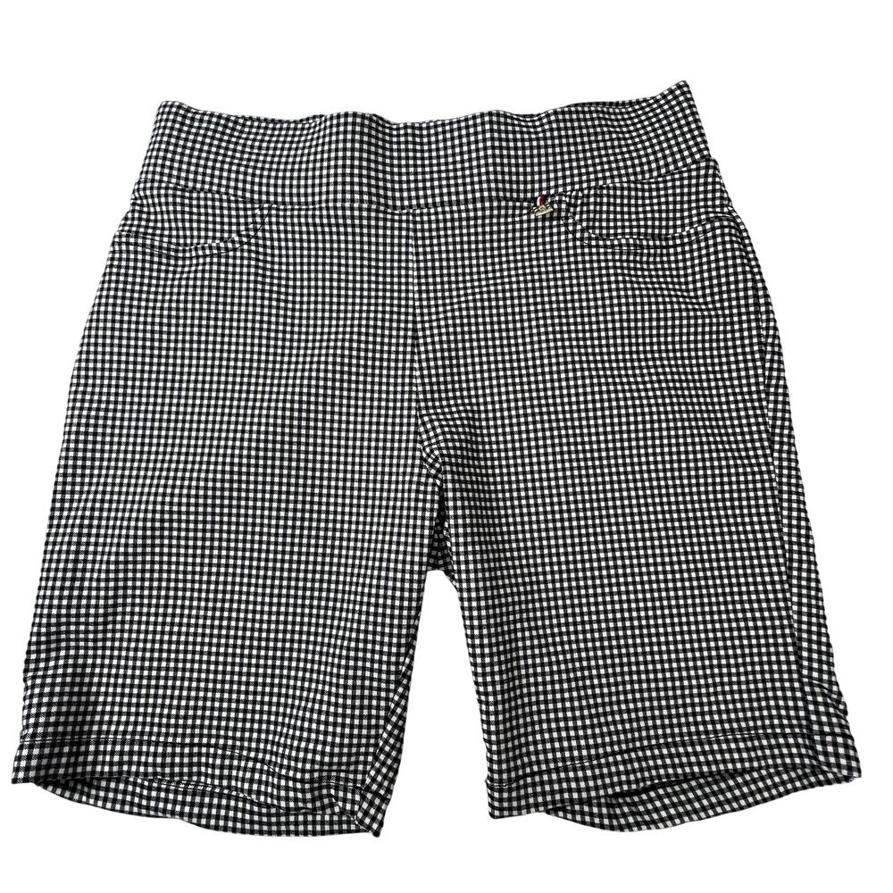 TOMMY HILFIGER Womens 14 Black White Gingham Bermuda Shorts Pull On Stretch